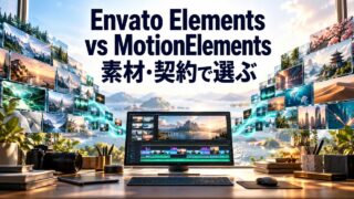 Envato ElementsとMotionElementsの素材・契約比較。二つの素材ライブラリと編集用モニターを表したオリジナルの構成イメージ。公式画面ではありません。
