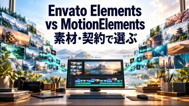 Envato ElementsとMotionElementsの素材・契約比較。二つの素材ライブラリと編集用モニターを表したオリジナルの構成イメージ。公式画面ではありません。