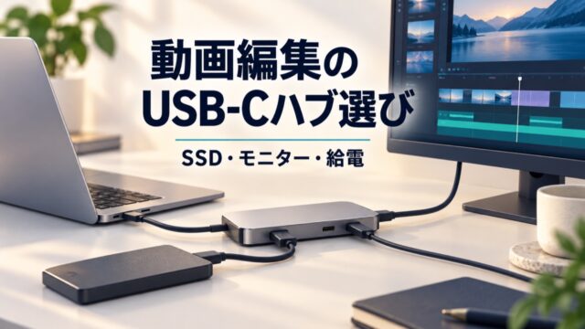動画編集用USB-CハブをSSD・モニター・給電の3点で選ぶ記事のアイキャッチ