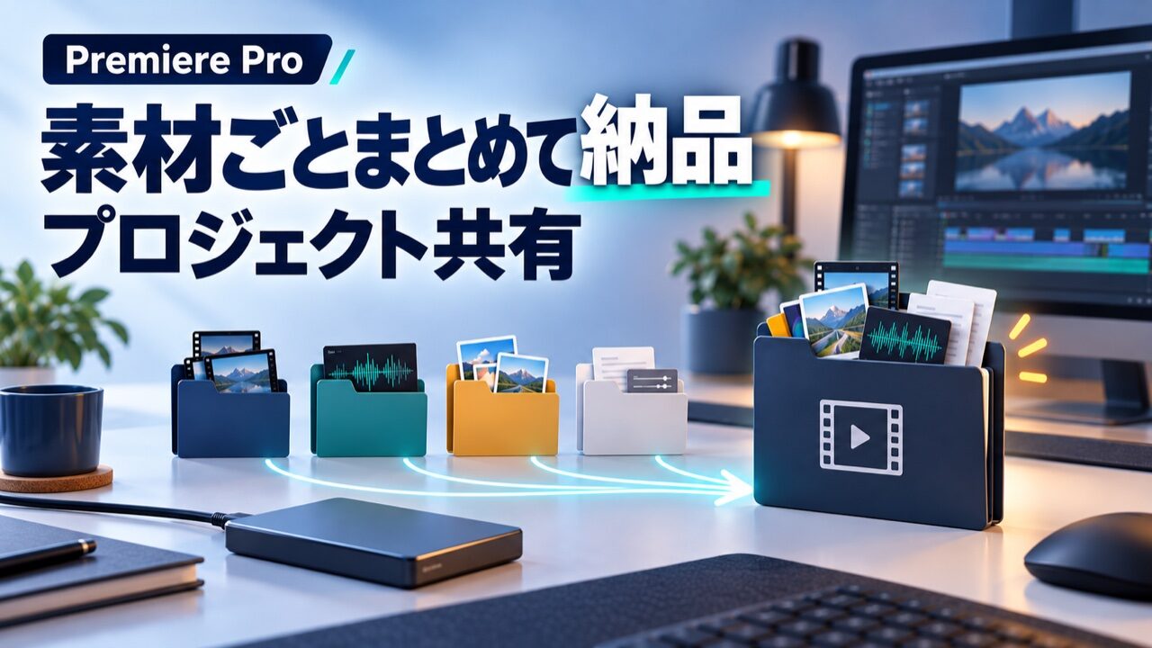 Premiere Proのプロジェクト共有。動画・音声・画像を納品用フォルダーへまとめるイメージ
