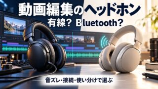 動画編集の机にケーブル付きとBluetoothを表すコードレスのヘッドホンを並べた、接続方式を比較するオリジナルイメージ。特定製品の写真ではない。