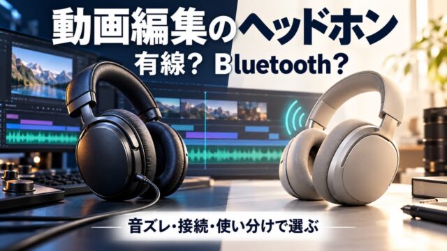 動画編集の机にケーブル付きとBluetoothを表すコードレスのヘッドホンを並べた、接続方式を比較するオリジナルイメージ。特定製品の写真ではない。