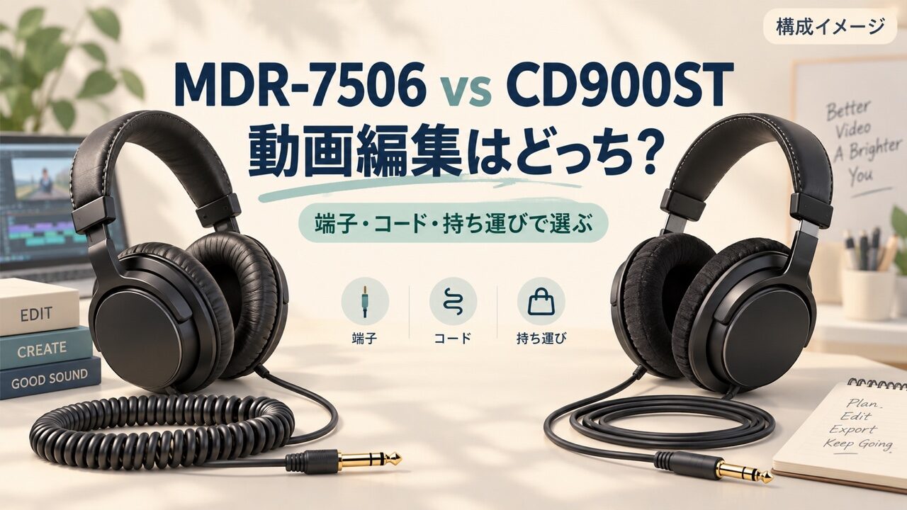 MDR-7506とCD900STを端子・コード・持ち運びで選ぶ動画編集向け比較アイキャッチ