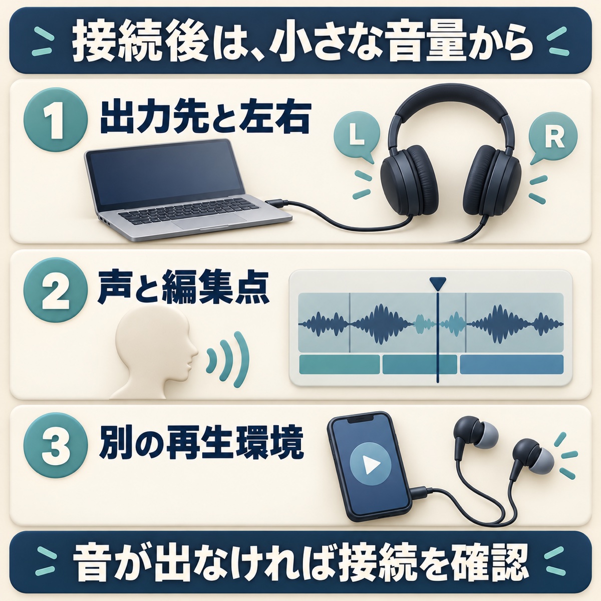 ヘッドホン接続後は小さな音量から、出力先と左右、声と編集点、別の再生環境の順に確かめる手順