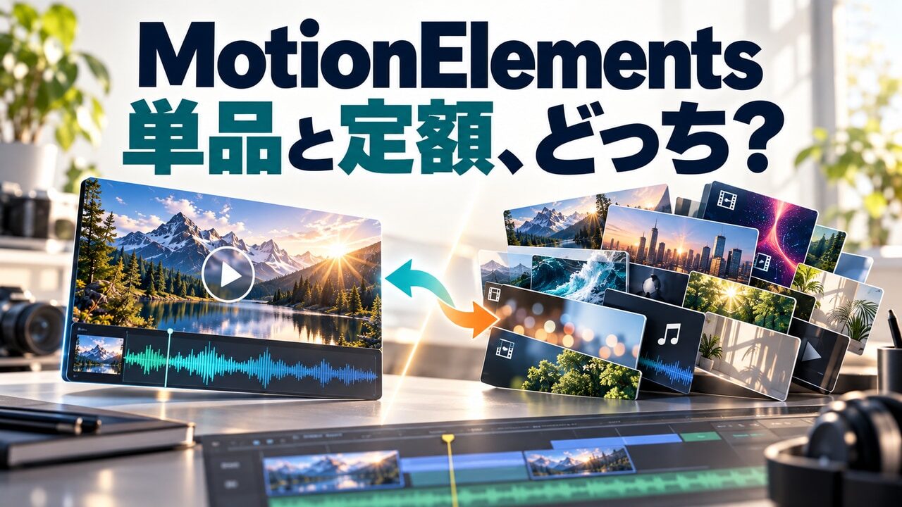 MotionElementsの単品購入と定額制を、1点の動画素材と映像・BGMカタログで表したオリジナル構成イメージ