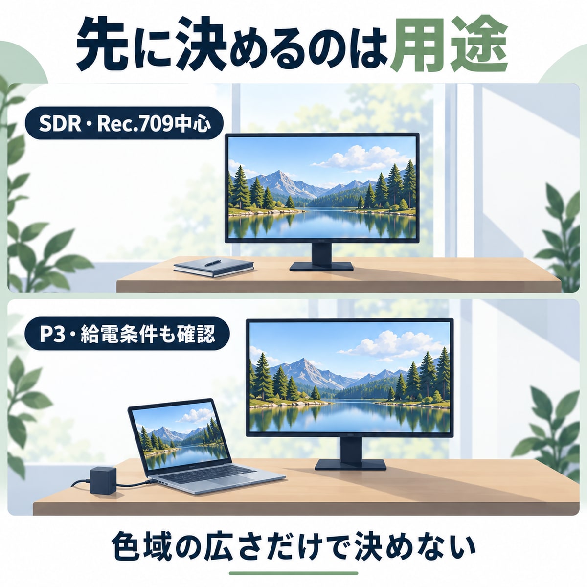SDRとRec.709を中心にする編集と、P3の制作条件・PCへの給電も重視する編集を分ける用途判断イラスト