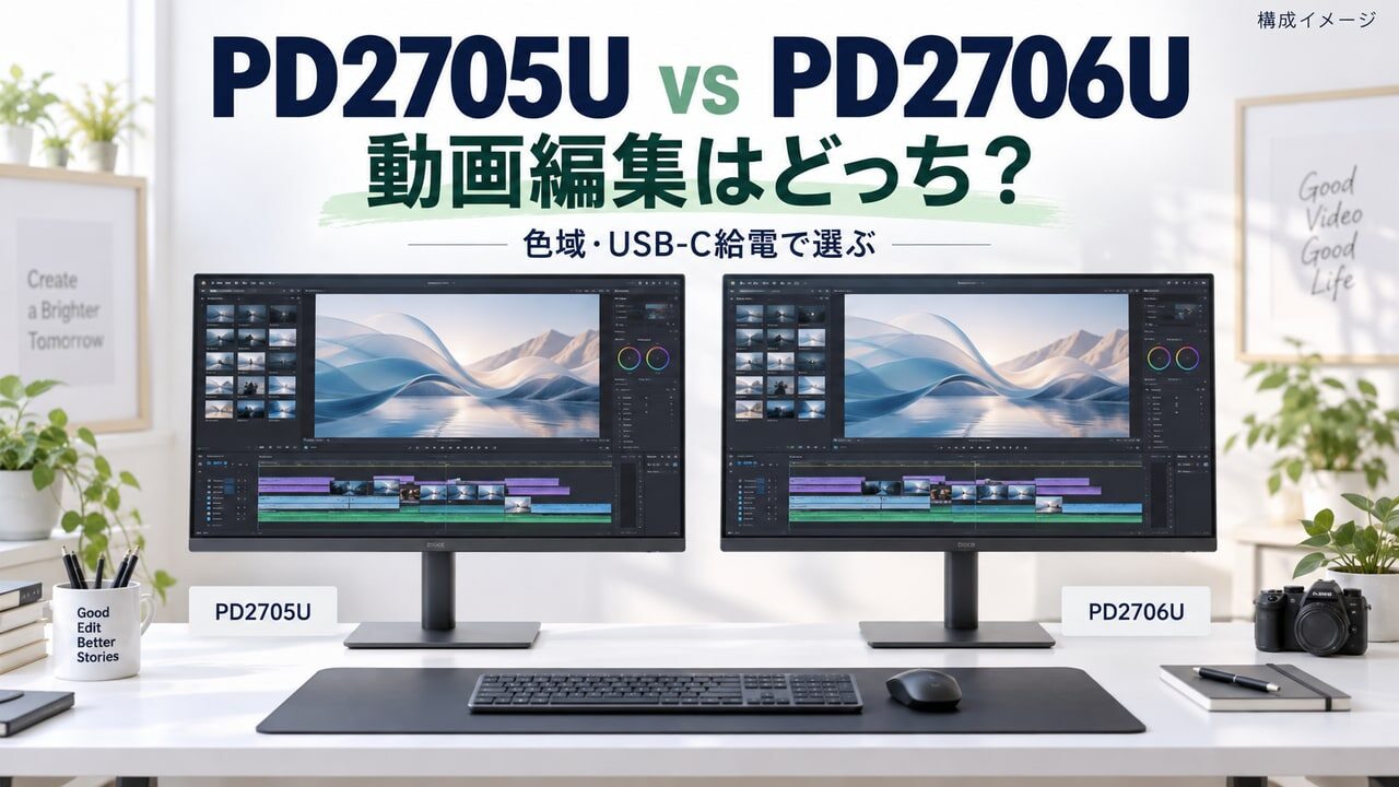 PD2705UとPD2706Uを色域とUSB-C給電で選ぶ動画編集向けモニター比較のアイキャッチ
