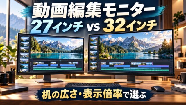 27インチと32インチの一般的なモニターを編集机に並べた、画面サイズ比較のオリジナル概念イメージ。特定製品の写真や実際のソフト画面ではない。