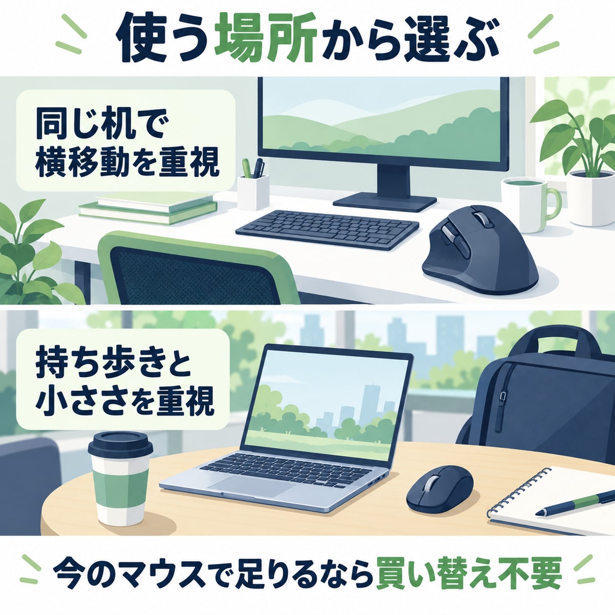 同じ机で横移動を重視する使い方と、持ち歩き・小ささを重視する使い方を分ける購入判断のイラスト