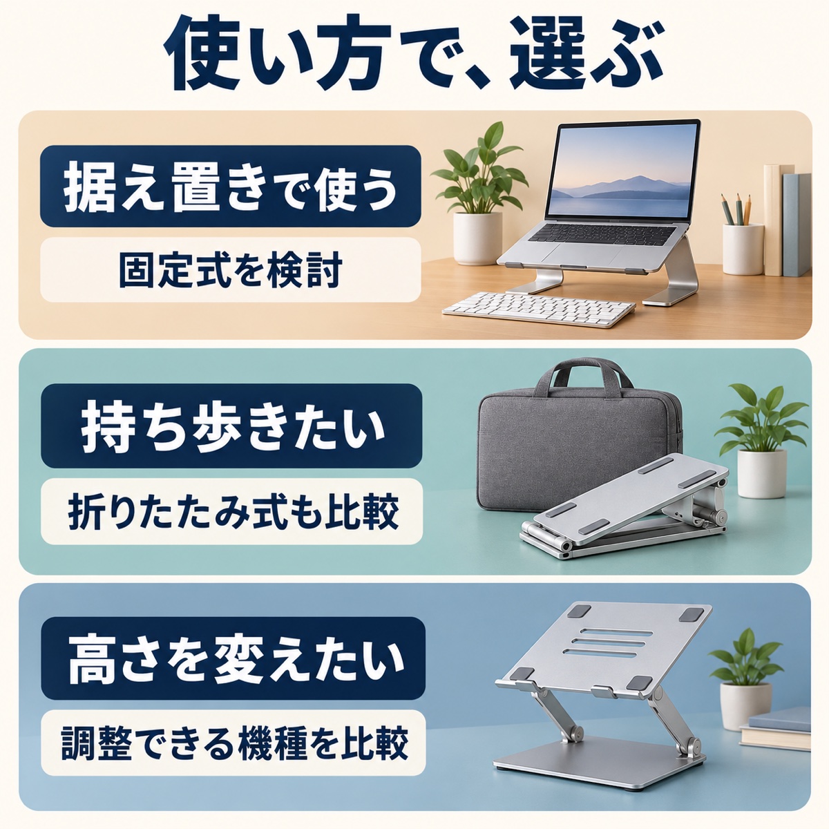 据え置きなら固定式、持ち歩くなら折りたたみ式、高さを変えるなら調整式を比較する判断の図