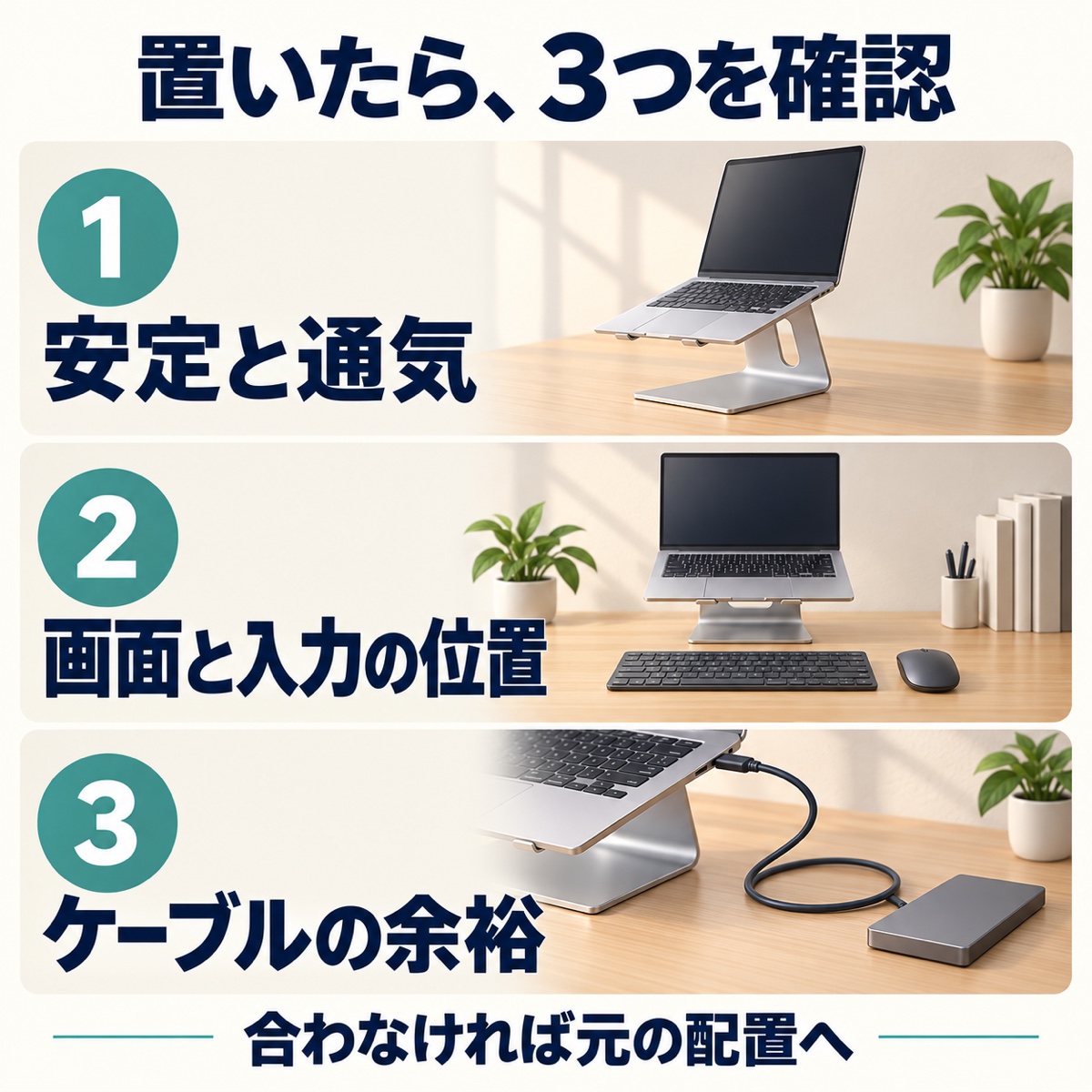 mStandの設置後に安定と通気、画面と入力の位置、ケーブルの余裕を確認し、合わなければ元の配置へ戻す手順