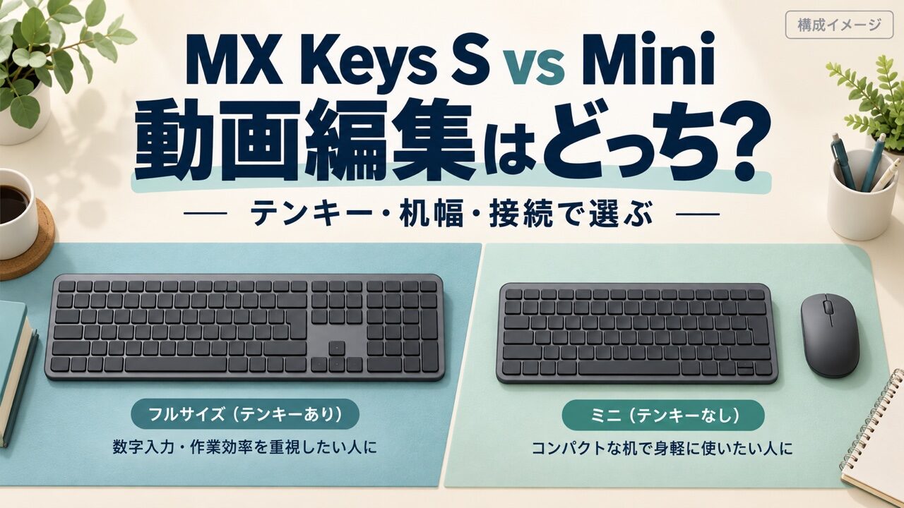 MX Keys SとMiniをテンキー・机幅・接続で選ぶ動画編集向け比較記事のアイキャッチ