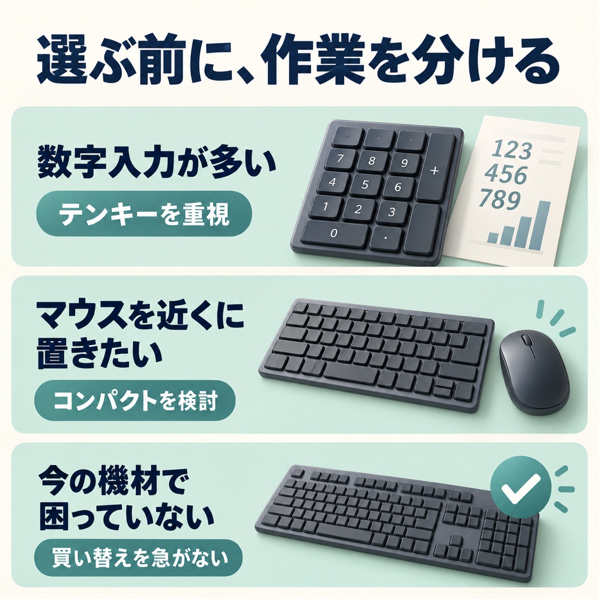 数字入力が多い人はテンキーを重視し、マウスを近くに置きたい人はコンパクトを検討し、困っていなければ買い替えを急がないという選択の整理
