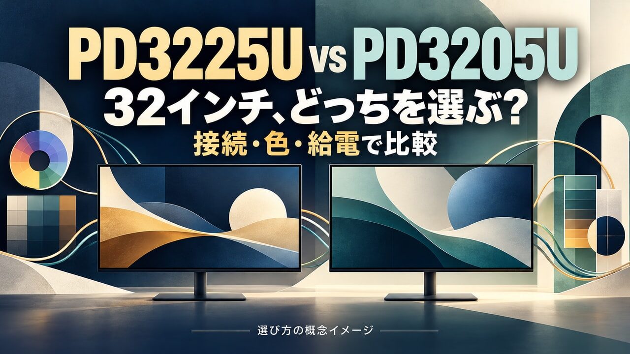 PD3225UとPD3205Uを接続・色・給電で比べる文字と図形のオリジナル表紙。並んだ画面は選び方を示す概念イメージで、実物の商品写真ではない。
