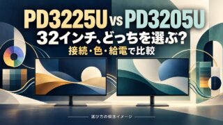 PD3225UとPD3205Uを接続・色・給電で比べる文字と図形のオリジナル表紙。並んだ画面は選び方を示す概念イメージで、実物の商品写真ではない。