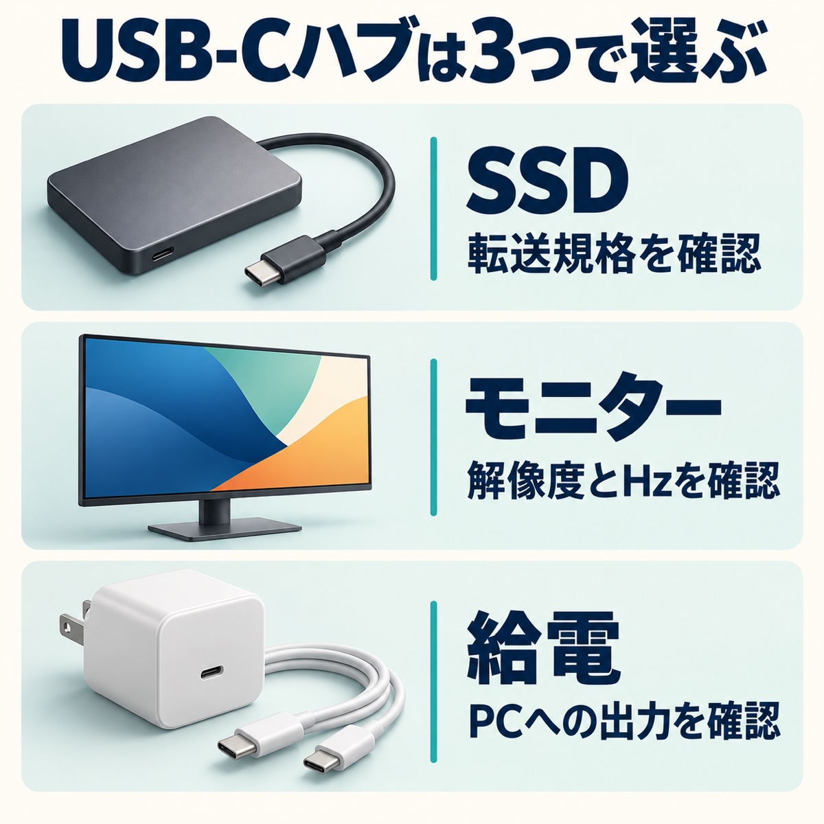 USB-Cハブを選ぶ3つの確認点:SSDの転送規格、モニターの解像度とHz、PCへの給電出力