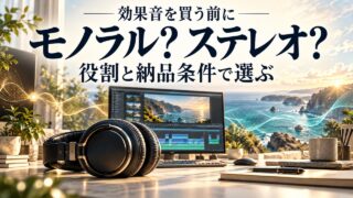 「効果音を買う前に」「モノラル？ ステレオ？」「役割と納品条件で選ぶ」の見出し。編集机とヘッドホン、点状の音と海辺の音の広がりを配した概念イメージ。製品写真や音質の実測比較ではありません。