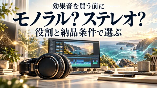 「効果音を買う前に」「モノラル？ ステレオ？」「役割と納品条件で選ぶ」の見出し。編集机とヘッドホン、点状の音と海辺の音の広がりを配した概念イメージ。製品写真や音質の実測比較ではありません。