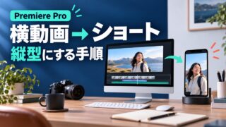 Premiere Proで横動画をショートにする手順。横型映像から縦型の構図へ変換するイメージ