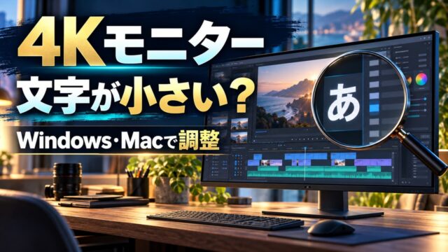 4Kモニターの小さな文字を拡大して確認するオリジナル概念イメージ。編集机のモニターと虫眼鏡の中の大きな「あ」、「4Kモニター」「文字が小さい？」「Windows・Macで調整」の見出し。実際のOSや編集ソフトの画面ではない。