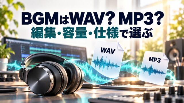 BGMはWAV？ MP3？ 編集・容量・仕様で選ぶ。ヘッドホンと二つの音声ファイルを配したオリジナルの概念イメージ。